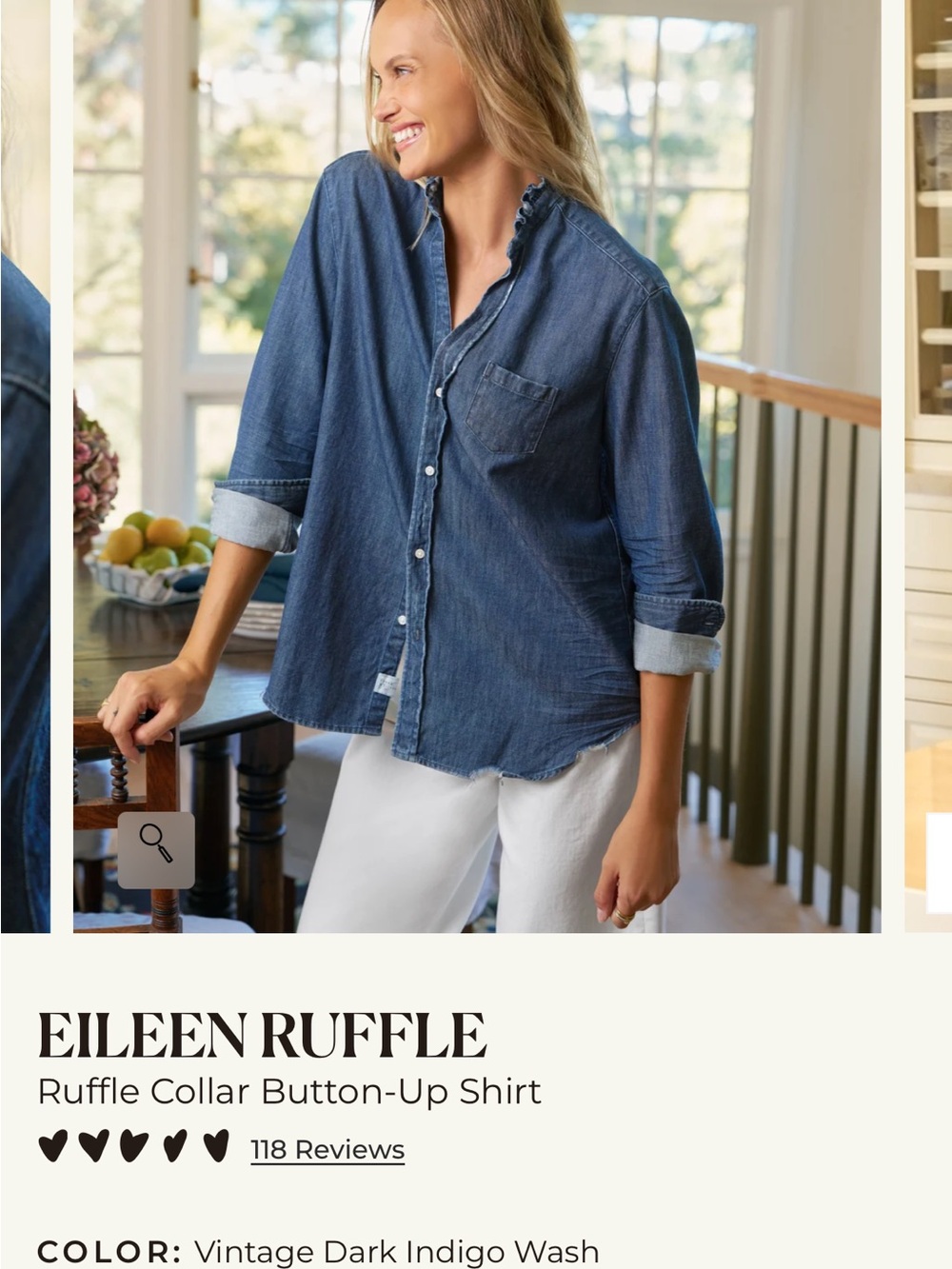 Frank & Eileen Vintage Dark Indigo Wash Ruffle-Collar Button-Up Shirt